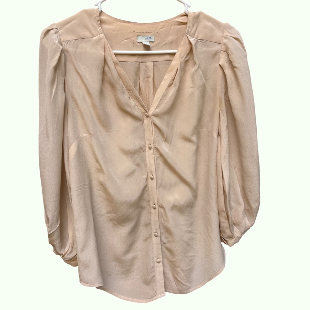 Odille Tan Gold Puff Sleeve Silk Blouse with Bib Collar Size 2